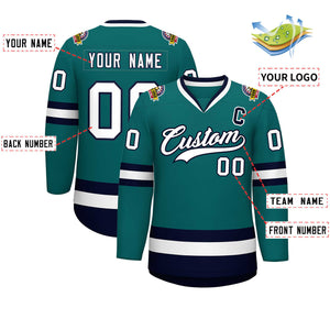 Custom Teal White-Navy Classic Style Hockey Jersey