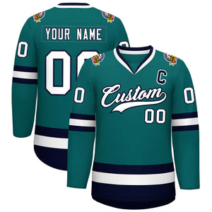 Custom Teal White-Navy Classic Style Hockey Jersey