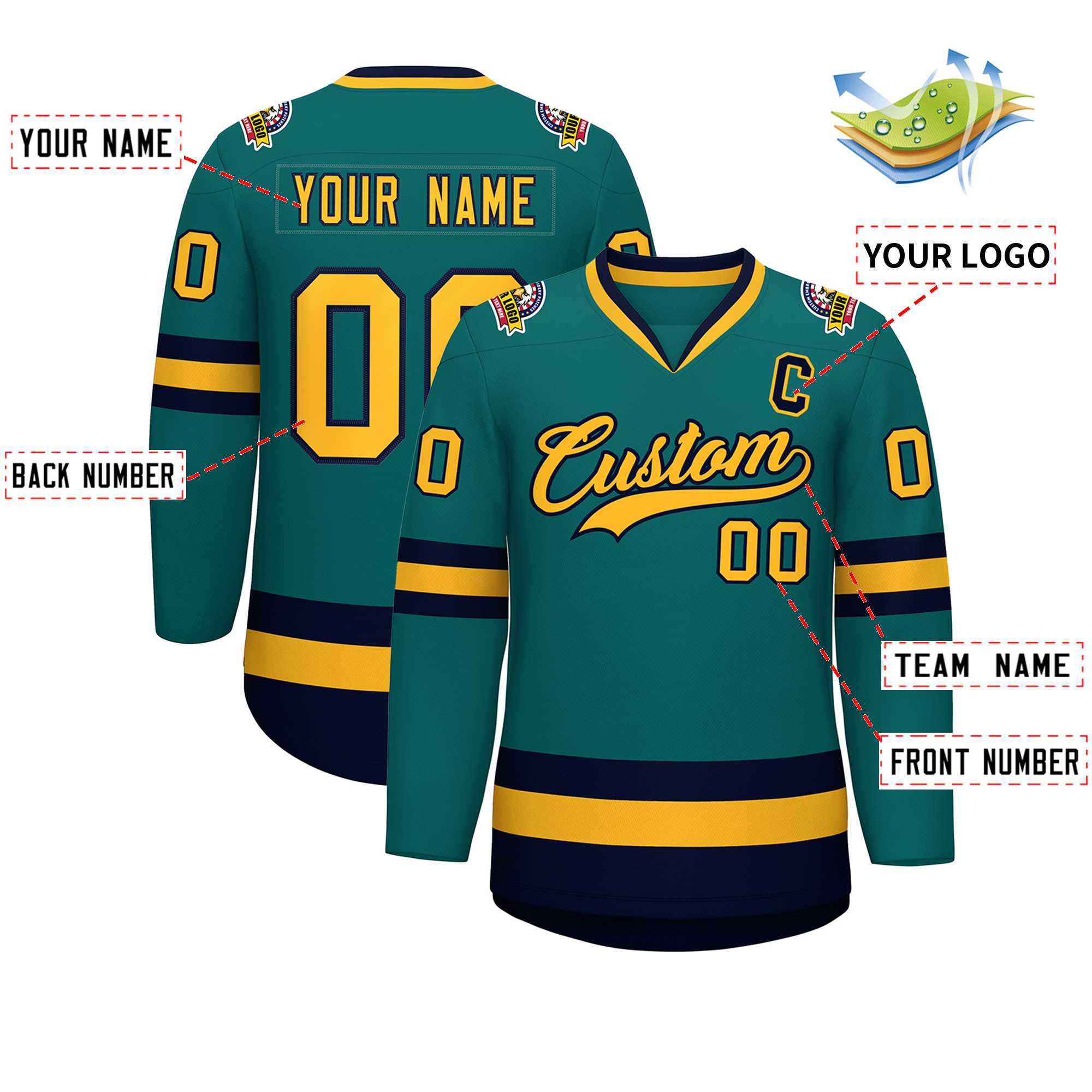 Custom Teal Gold-Navy Classic Style Hockey Jersey