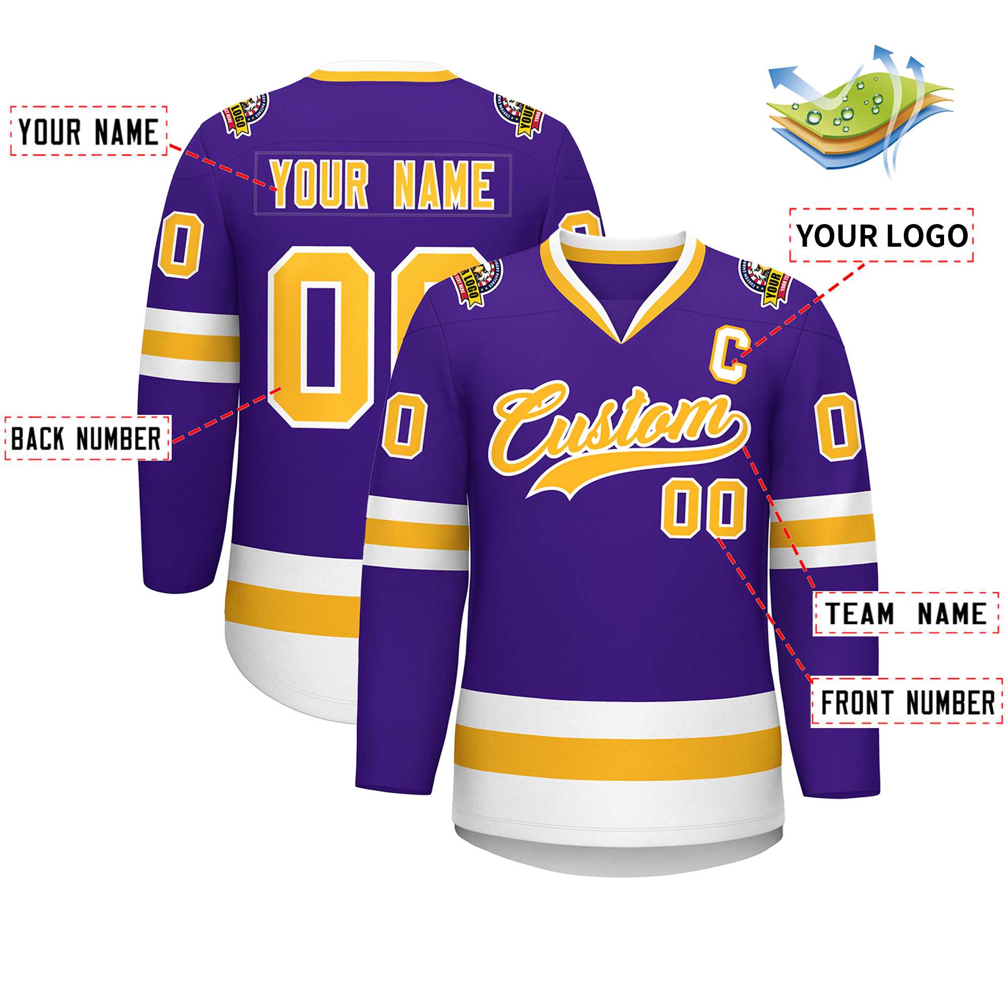 Maillot de hockey de style classique violet or-blanc personnalisé