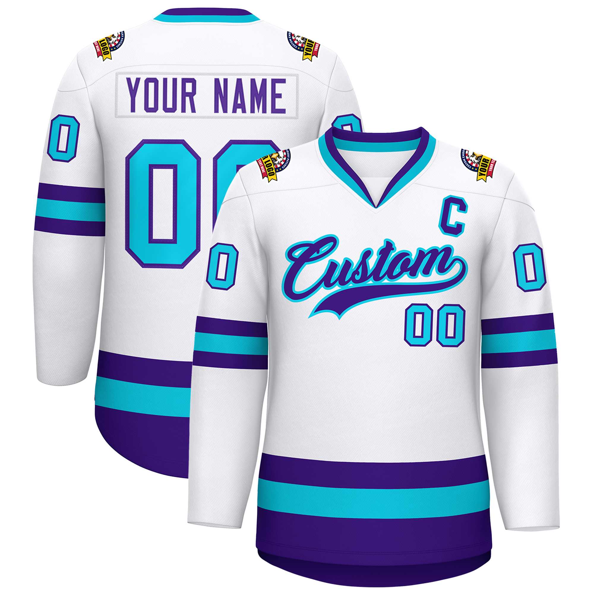 Maillot de hockey de style classique personnalisé blanc violet-bleu poudré