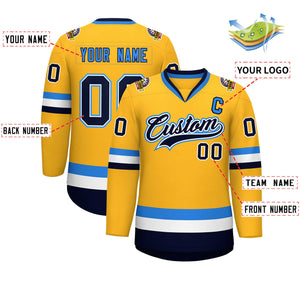 Custom Gold Navy White-Powder Blue Classic Style Hockey Jersey