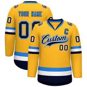 Custom Gold Navy White-Powder Blue Classic Style Hockey Jersey