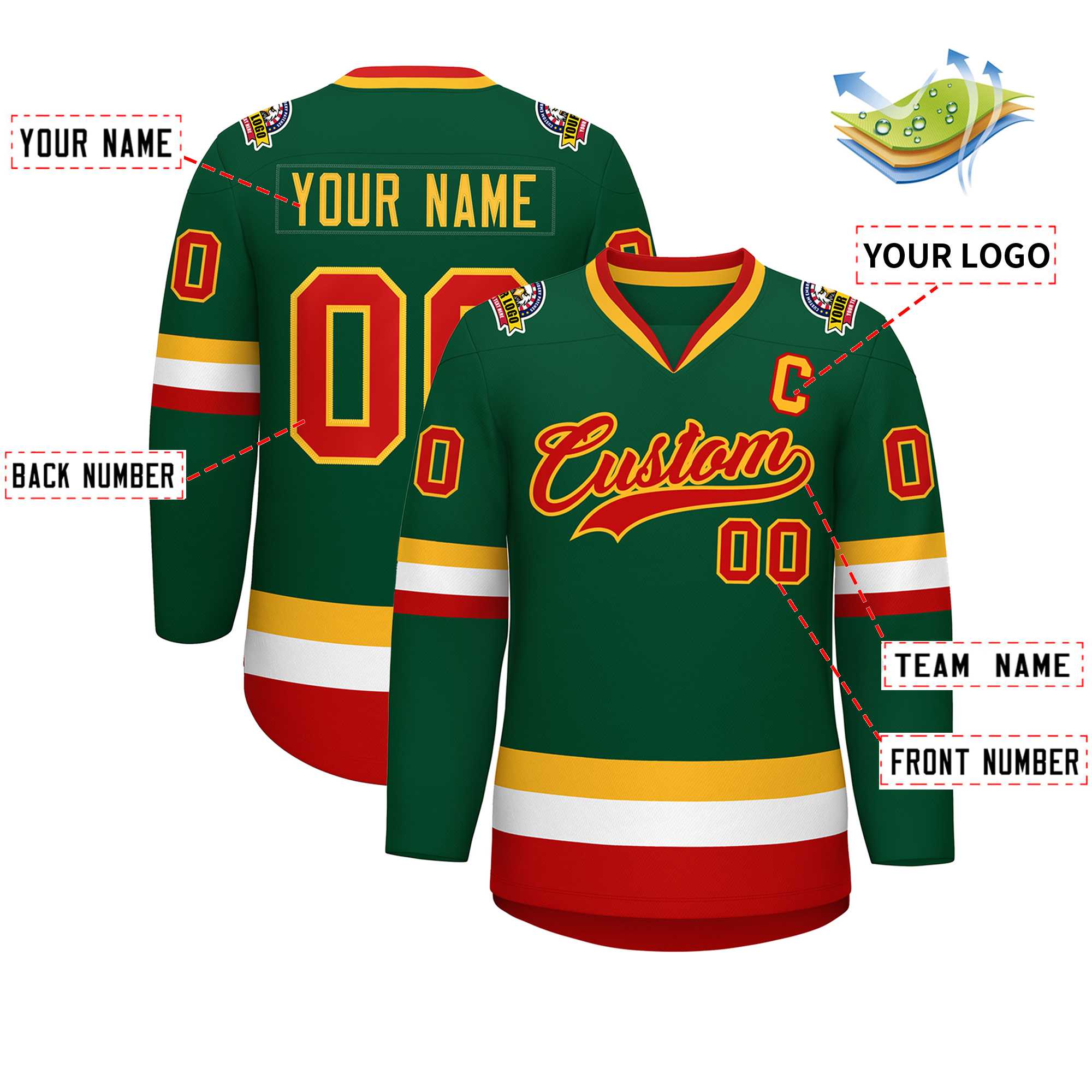 Maillot de hockey de style classique vert rouge-or personnalisé