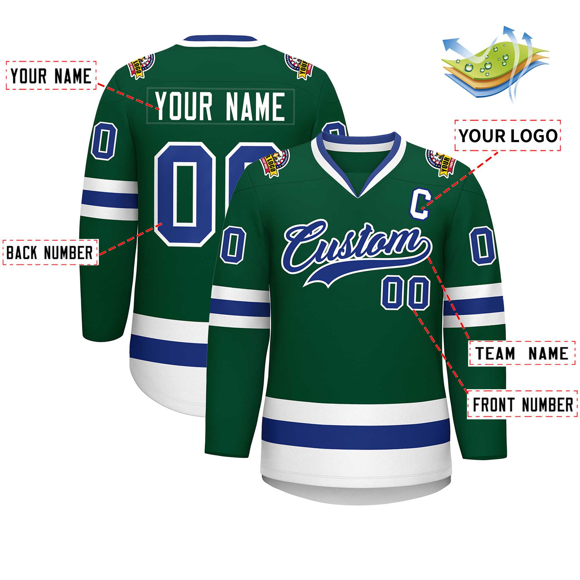 Custom Green Royal-White Classic Style Hockey Jersey