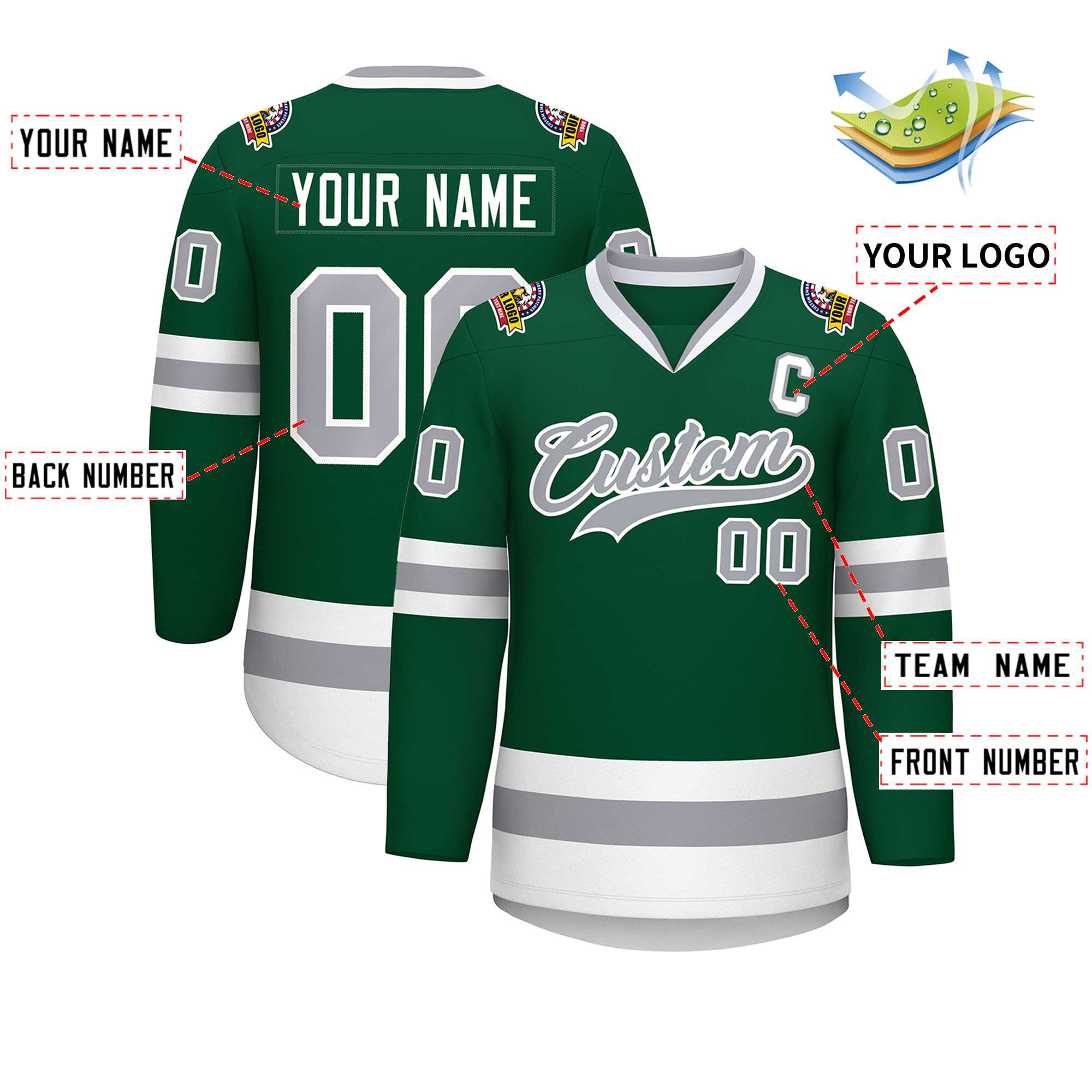 Custom Green Gray-White Classic Style Hockey Jersey