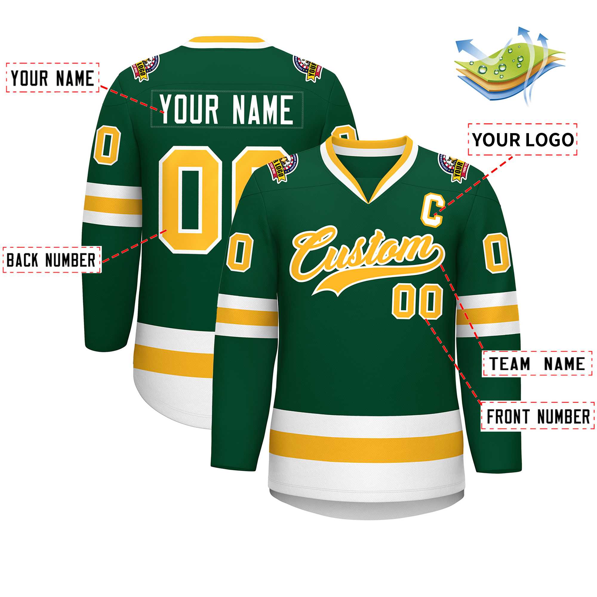 Custom Green Gold-White Classic Style Hockey Jersey