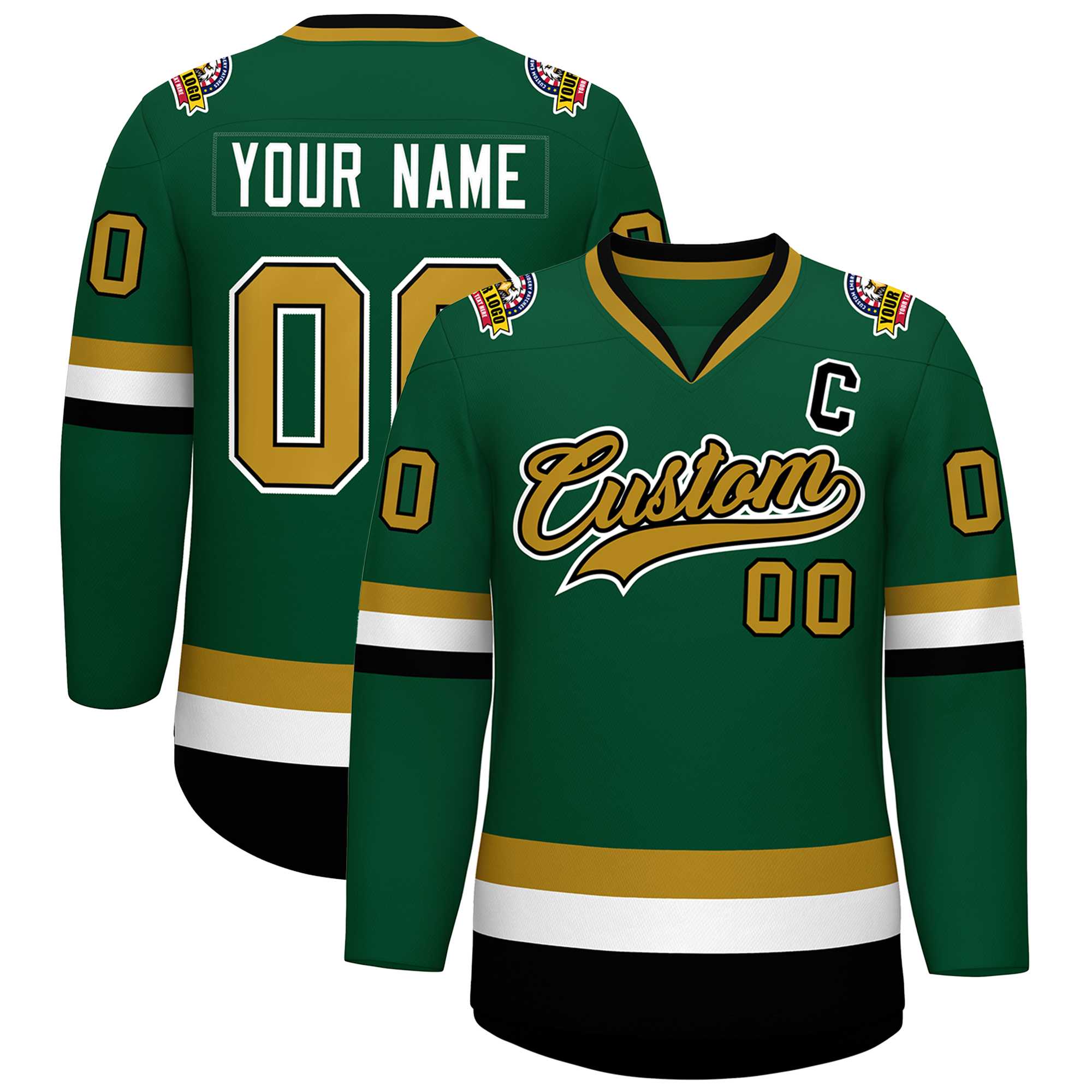 Custom Green Old Gold Black-White Classic Style Hockey Jersey