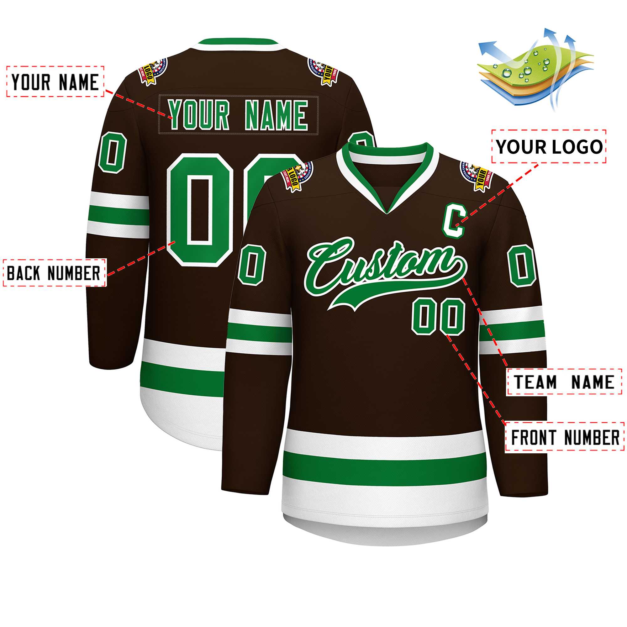 Maillot de hockey de style classique marron Kelly vert-blanc personnalisé