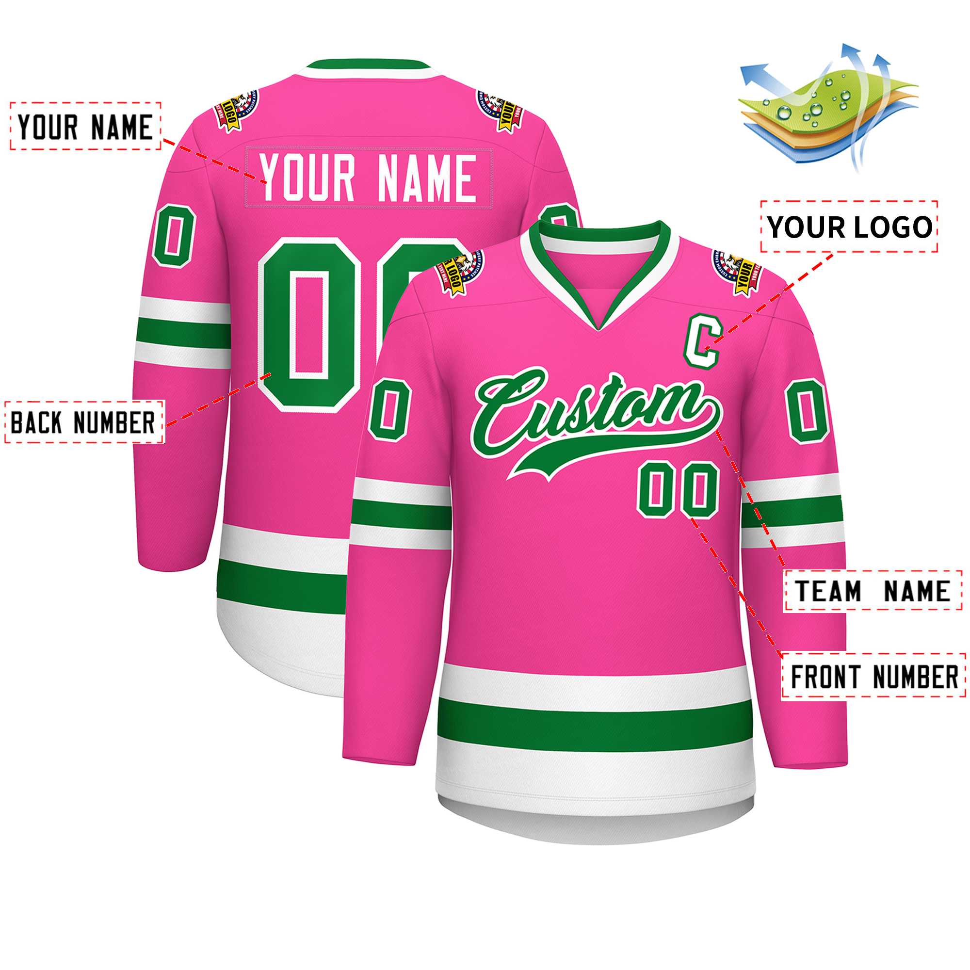 Maillot de hockey de style classique rose Kelly vert-blanc personnalisé