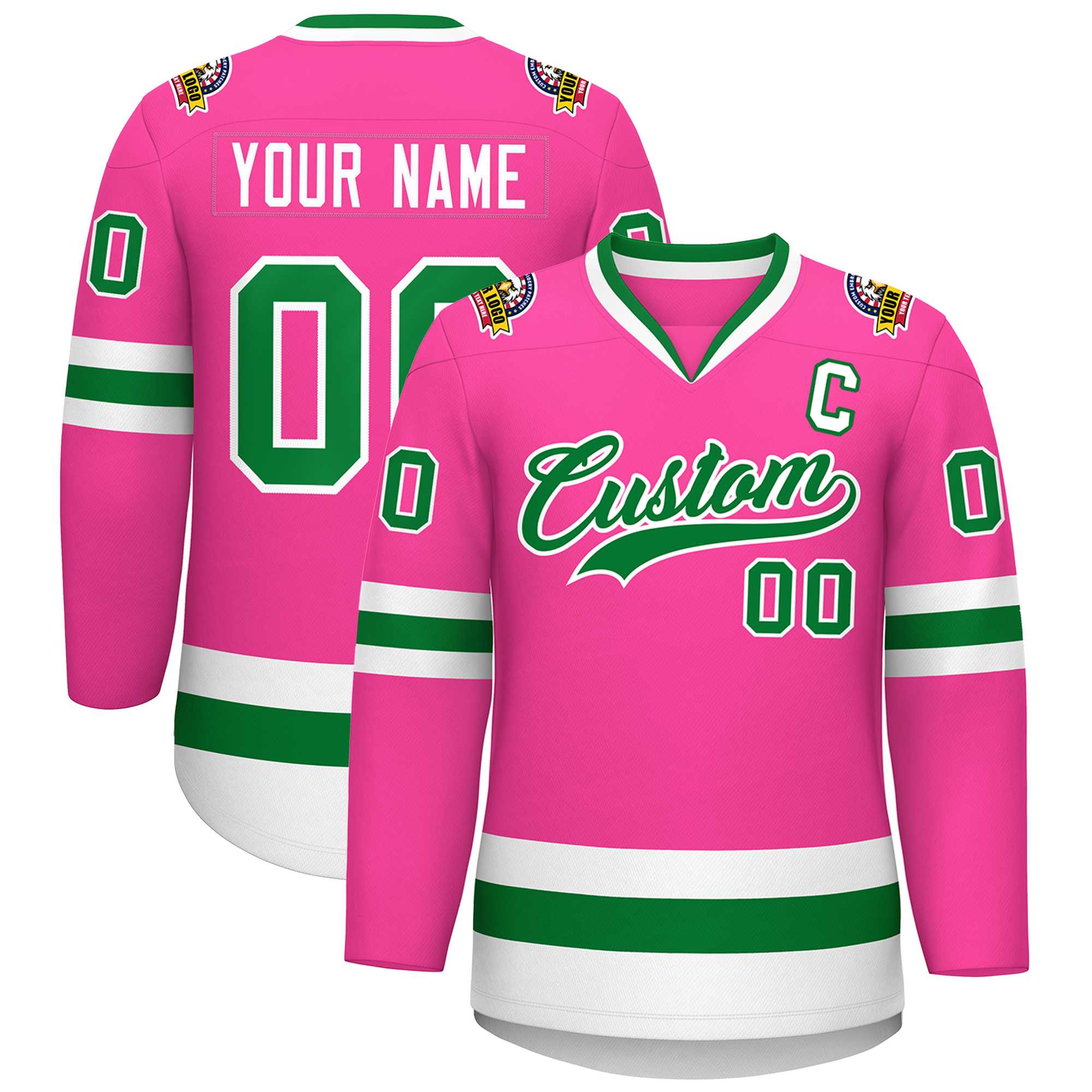 Custom Pink Kelly Green-White Classic Style Hockey Jersey