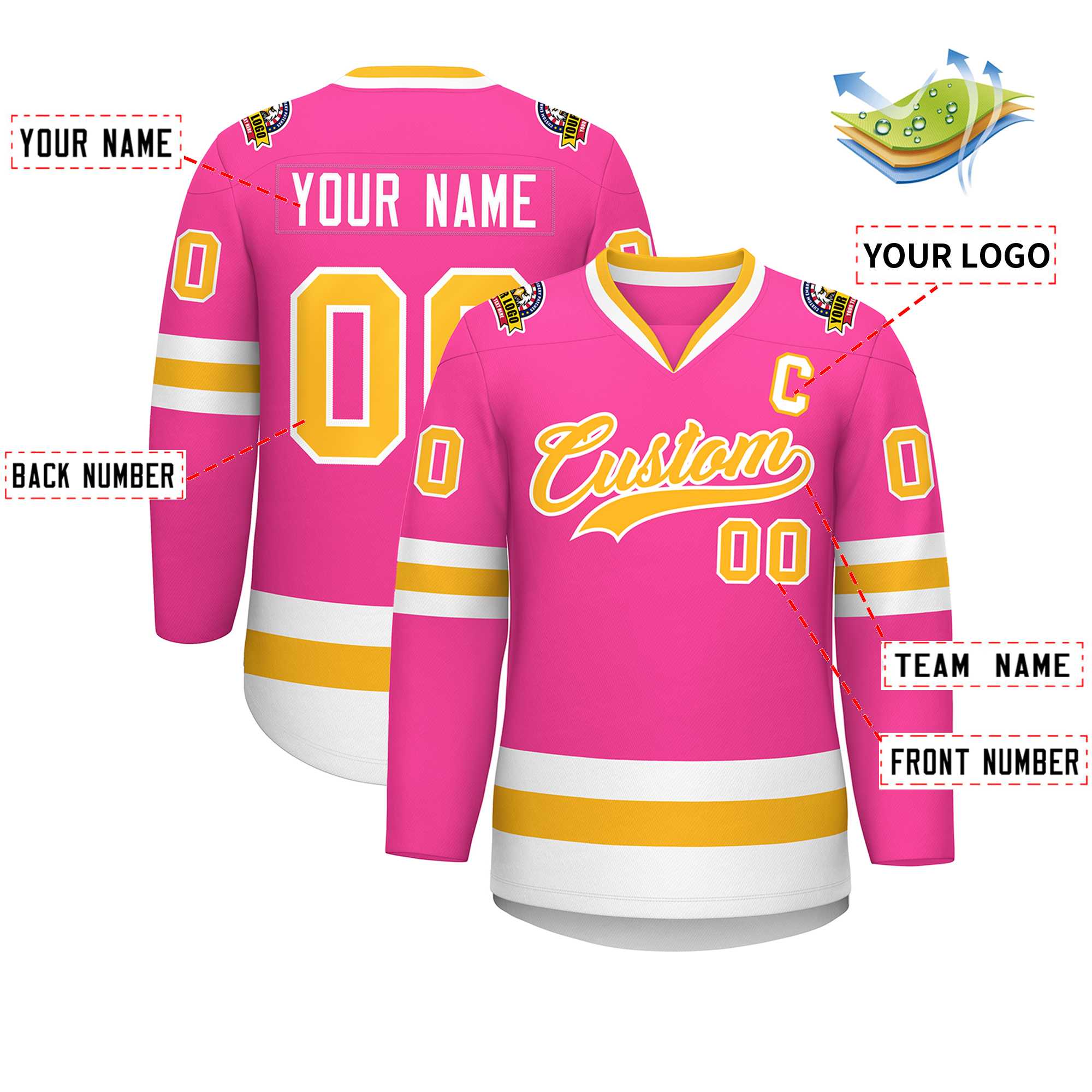 Custom Pink Gold-White Classic Style Hockey Jersey