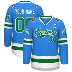 Custom Powder Blue Kelly Green-White Classic Style Hockey Jersey