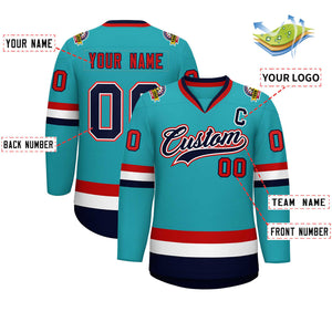 Custom Aqua Navy White-Red Classic Style Hockey Jersey