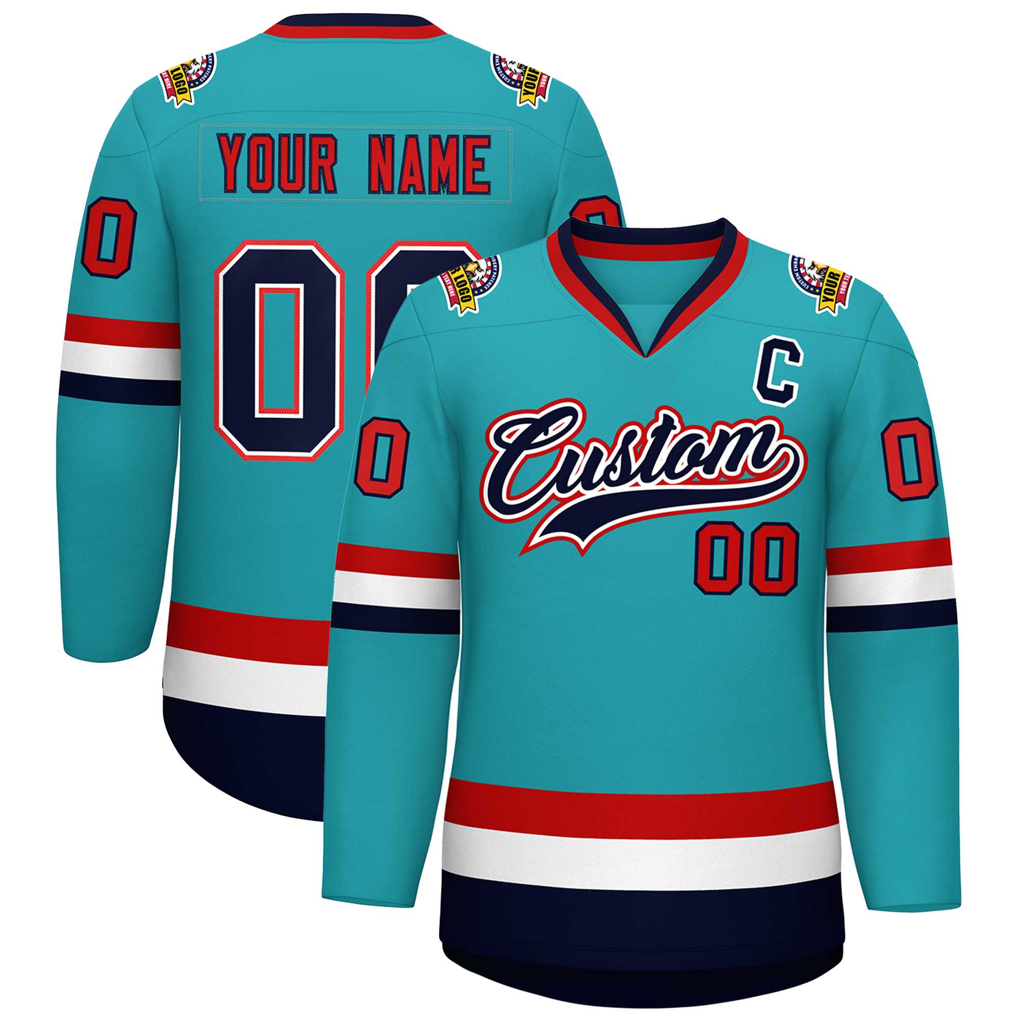 Maillot de hockey de style classique Aqua Navy blanc-rouge personnalisé