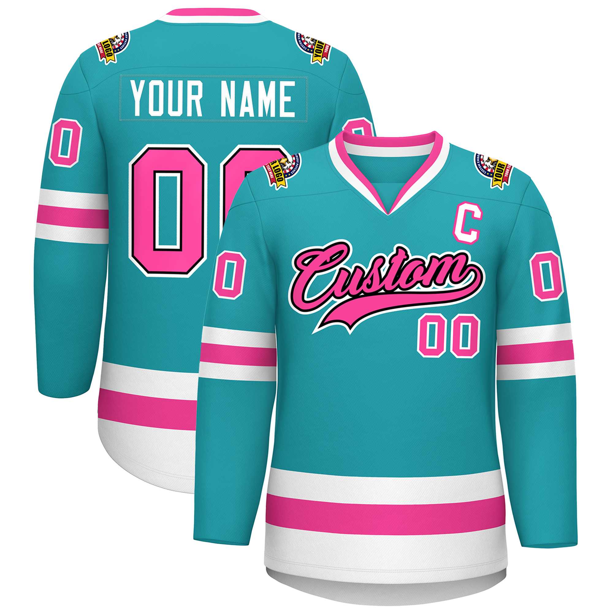 Maillot de hockey de style classique personnalisé Aqua Pink Navy-White