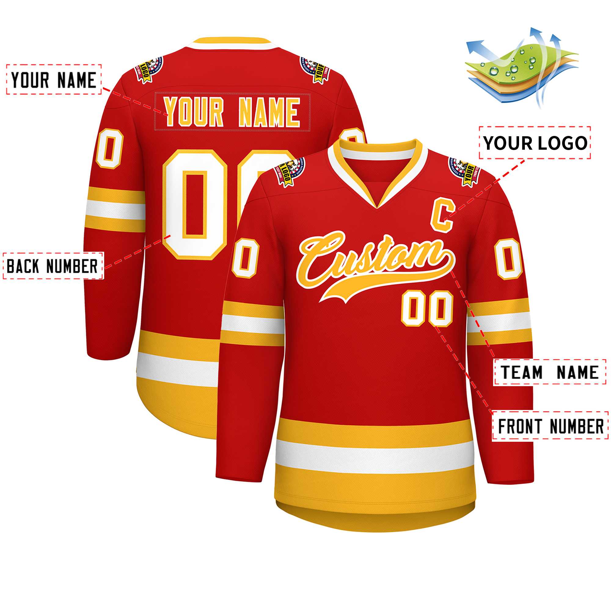 Custom Red Gold-White Classic Style Hockey Jersey