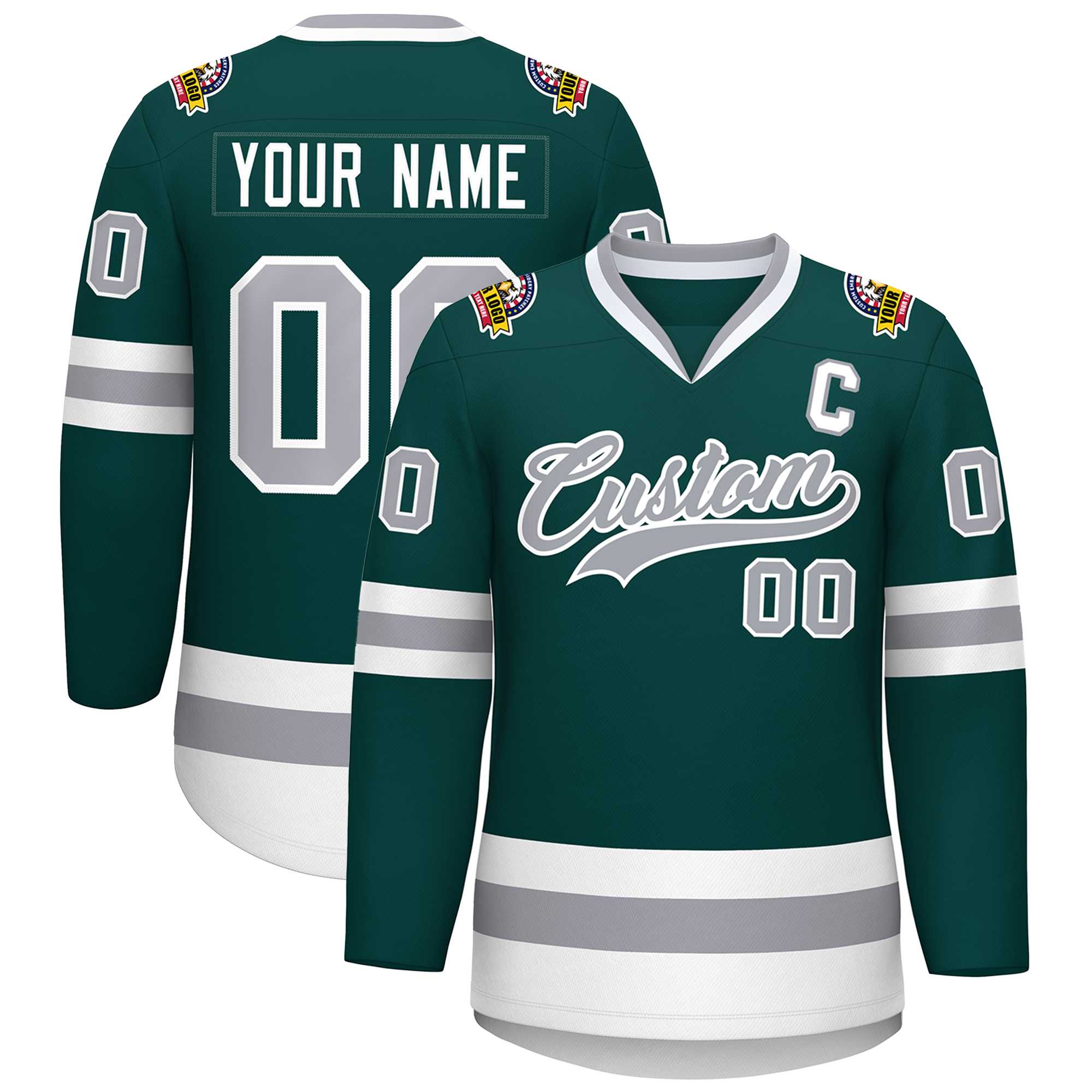 Custom Midnight Green Gray-White Classic Style Hockey Jersey