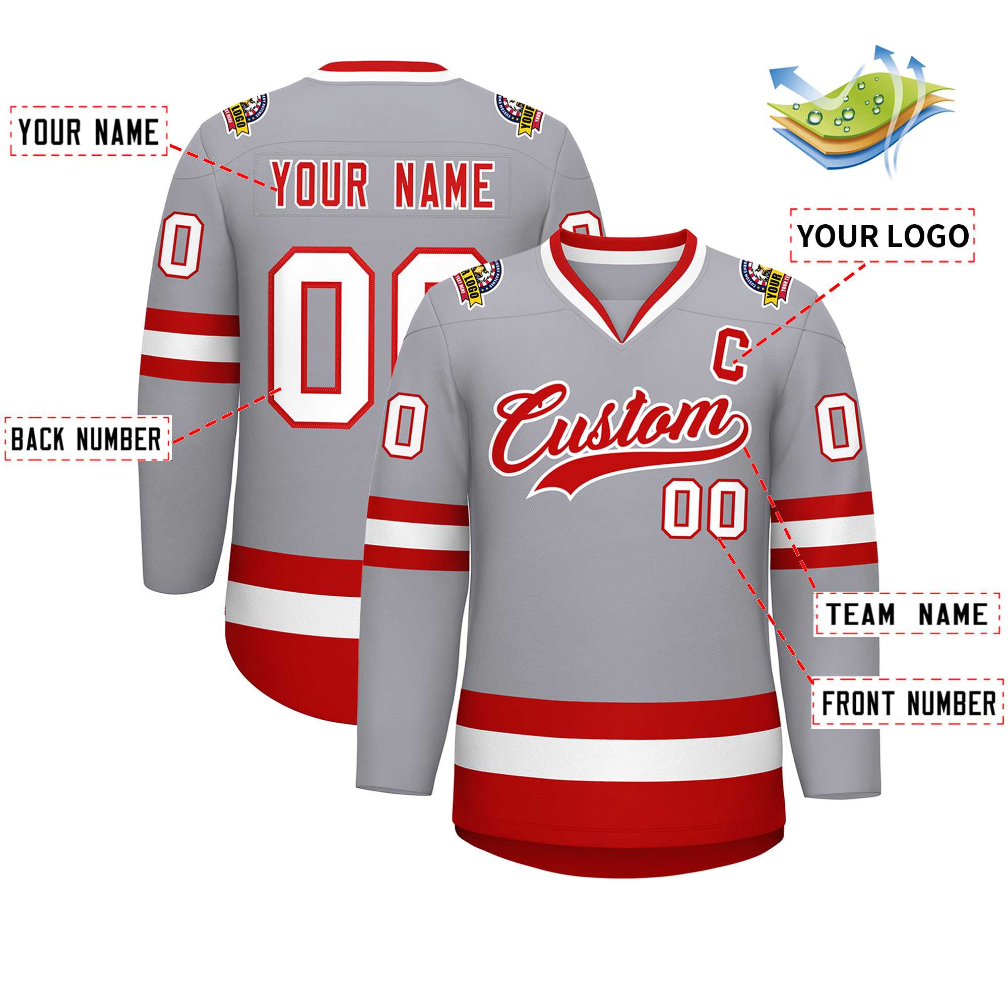 Maillot de hockey de style classique gris rouge-blanc personnalisé