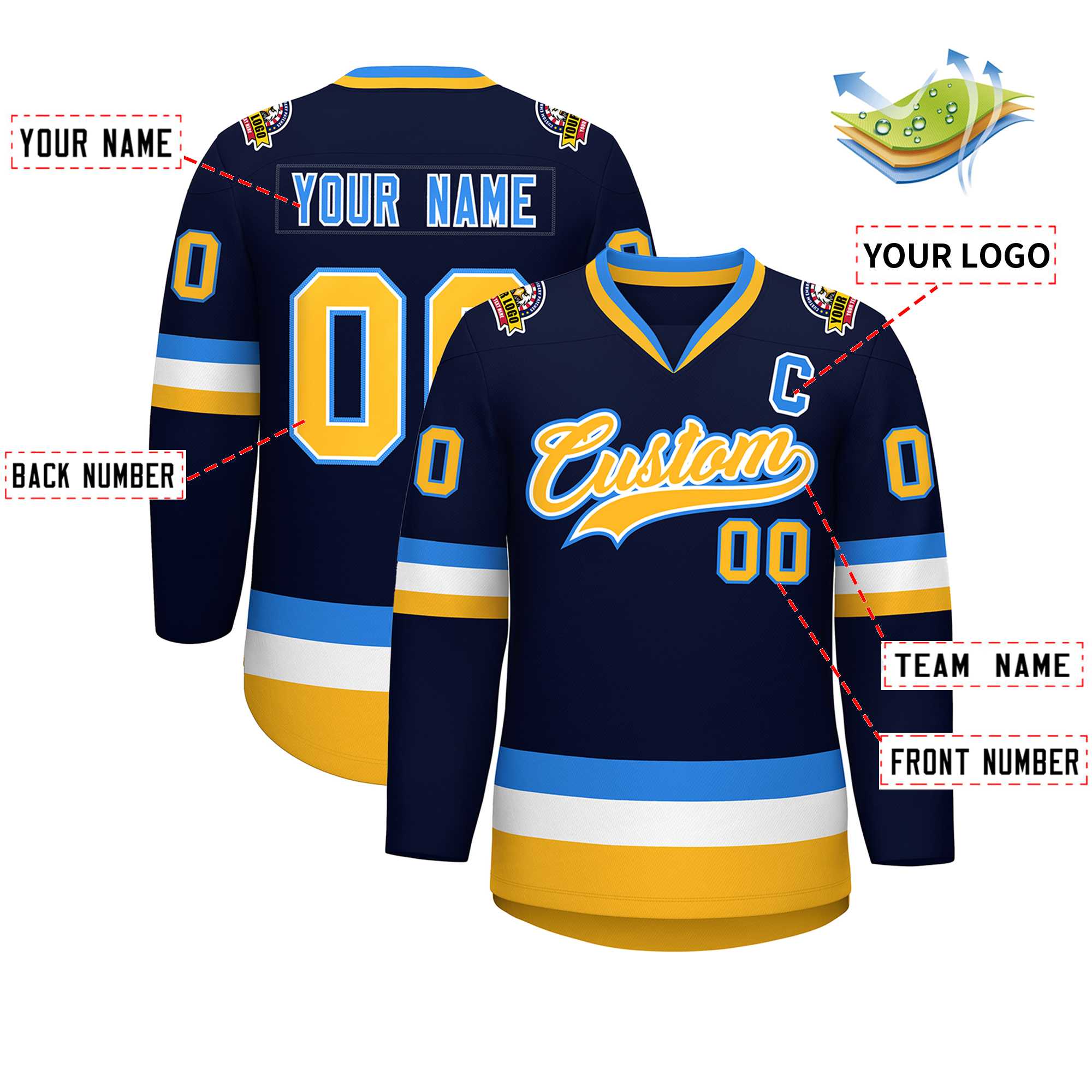 Custom Navy Gold White-Powder Blue Classic Style Hockey Jersey