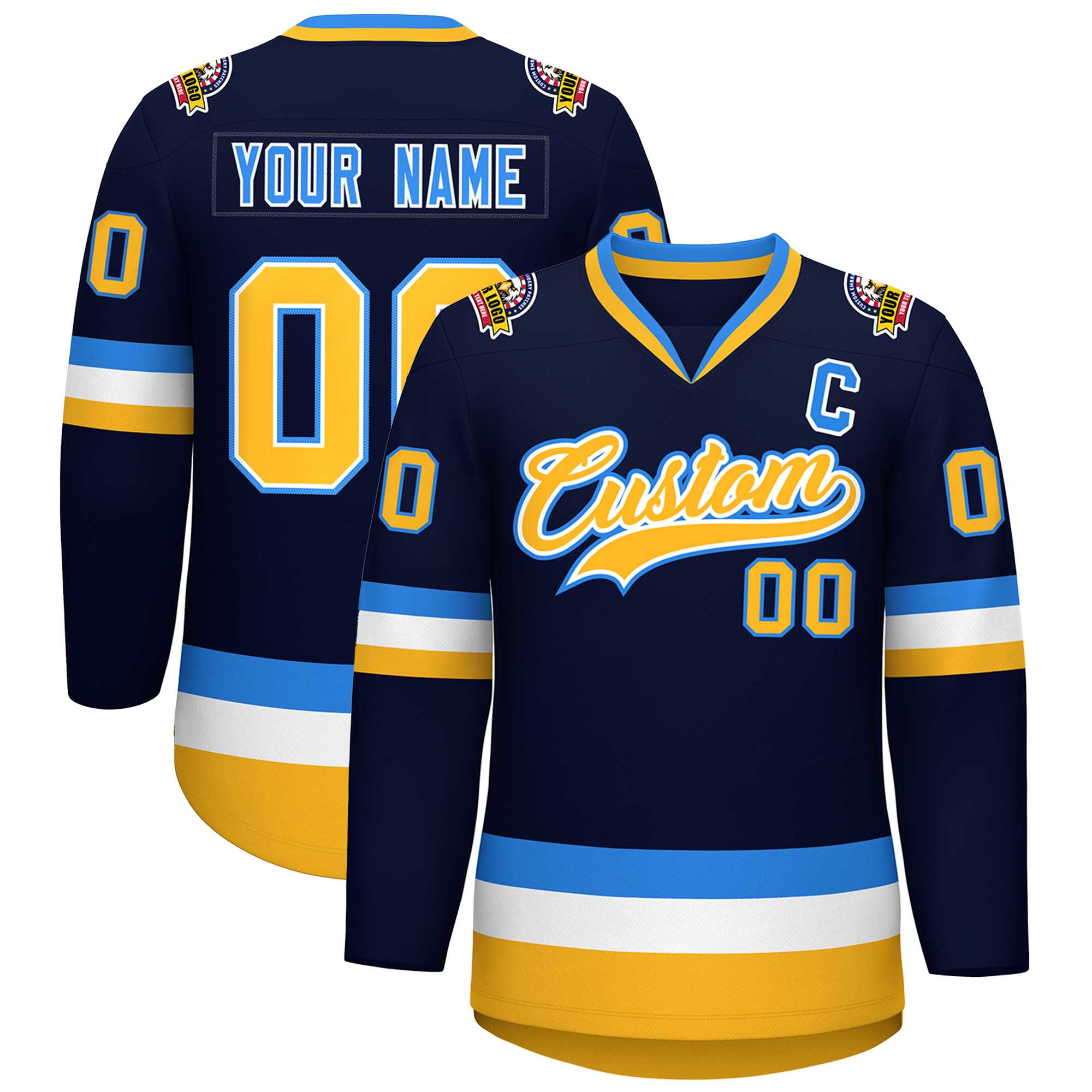 Custom Navy Gold White-Powder Blue Classic Style Hockey Jersey