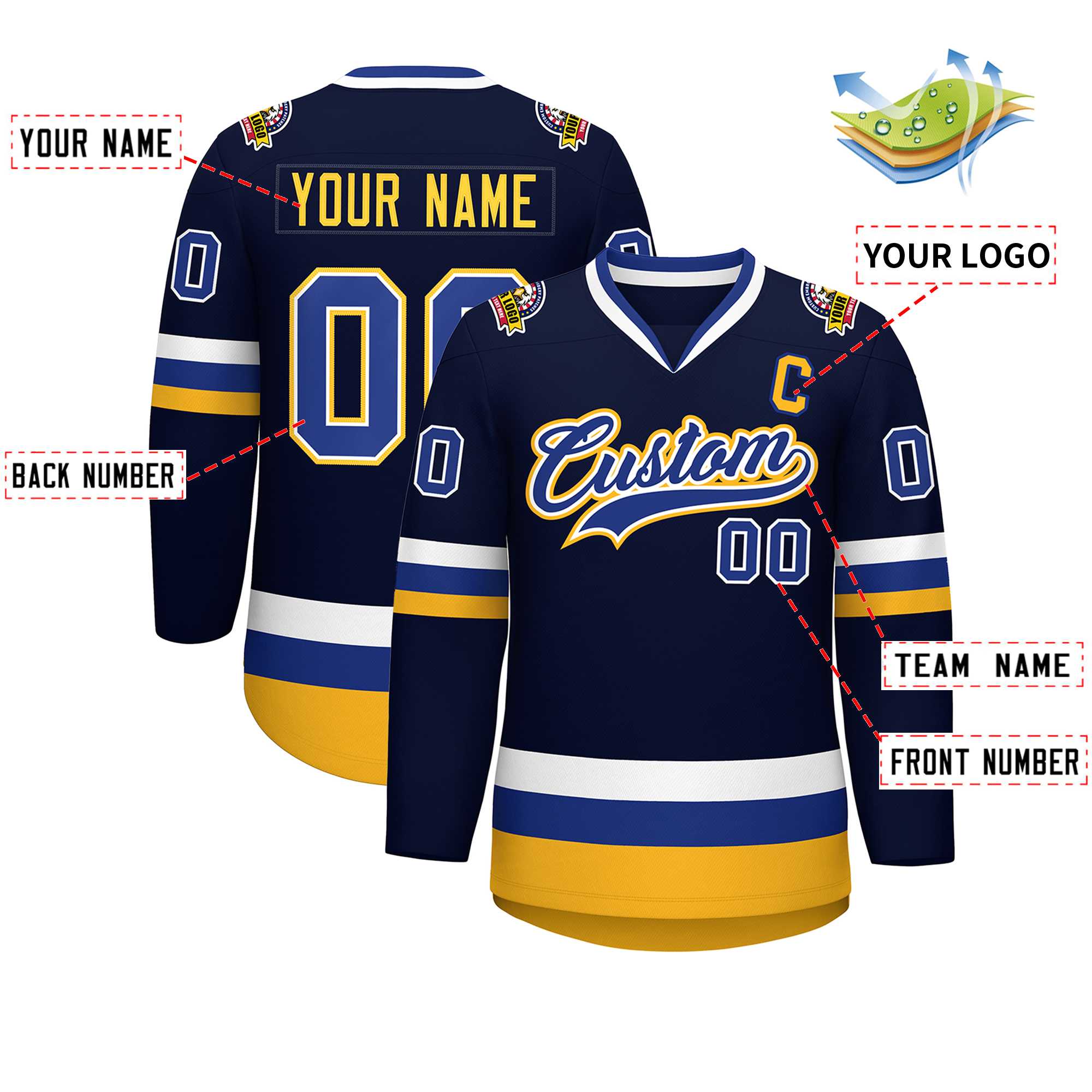 Custom Navy Royal White-Gold Classic Style Hockey Jersey