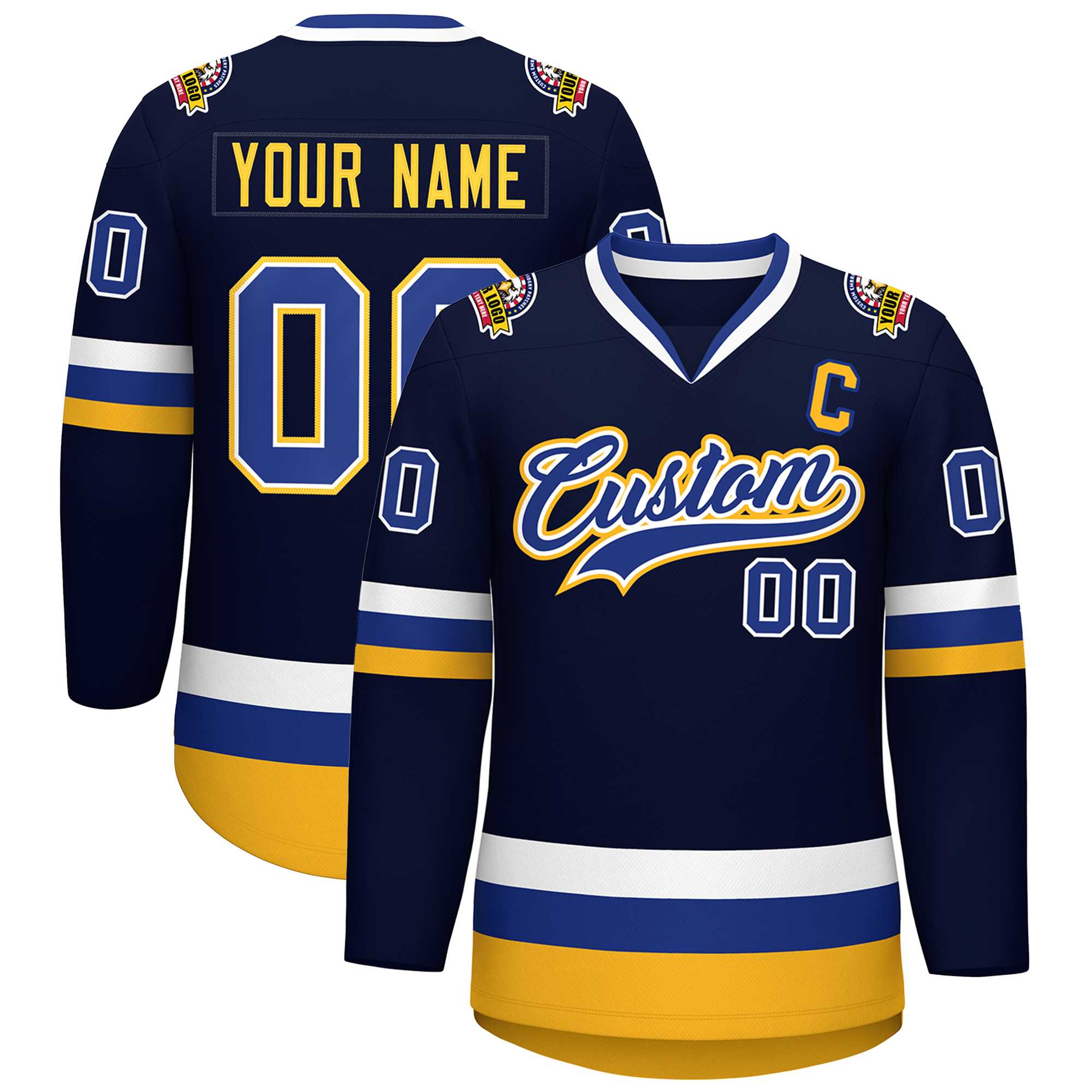 Custom Navy Royal White-Gold Classic Style Hockey Jersey