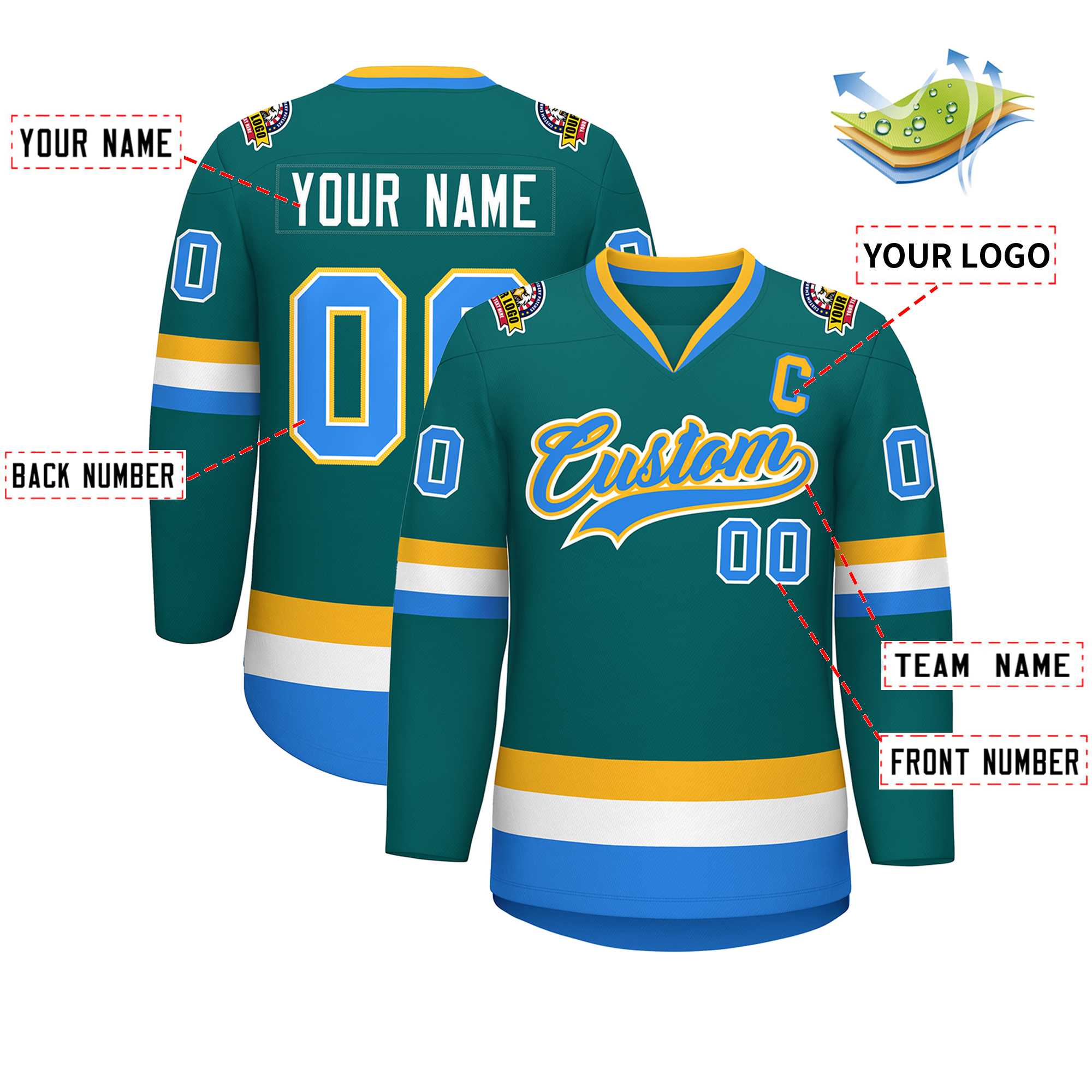 Custom Teal Powder Blue White-Gold Classic Style Hockey Jersey