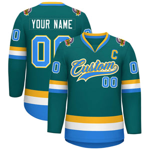 Custom Teal Powder Blue White-Gold Classic Style Hockey Jersey