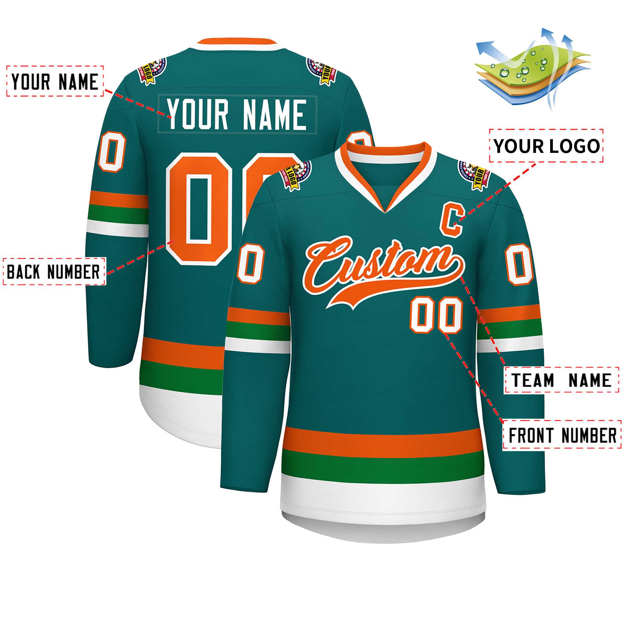 Custom Teal Orange-White Classic Style Hockey Jersey