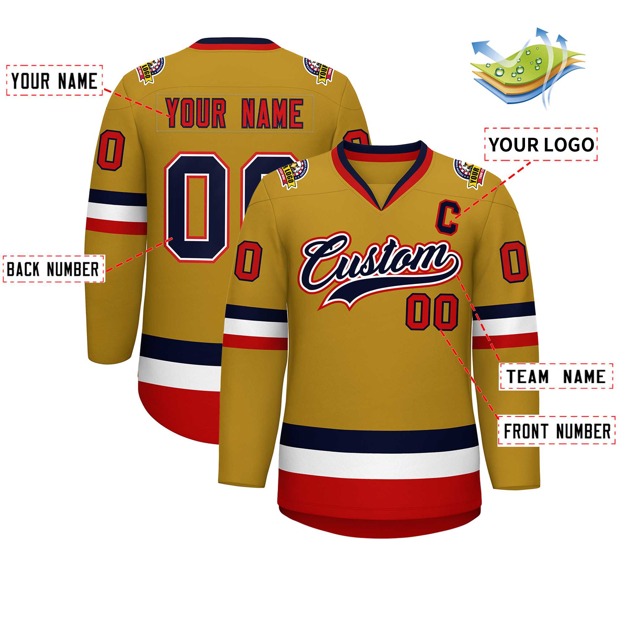 Maillot de hockey personnalisé de style classique blanc-rouge Old Gold Navy