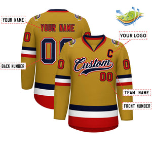 Custom Old Gold Navy White-Red Classic Style Hockey Jersey