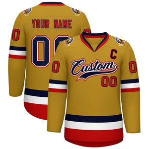 Custom Old Gold Navy White-Red Classic Style Hockey Jersey