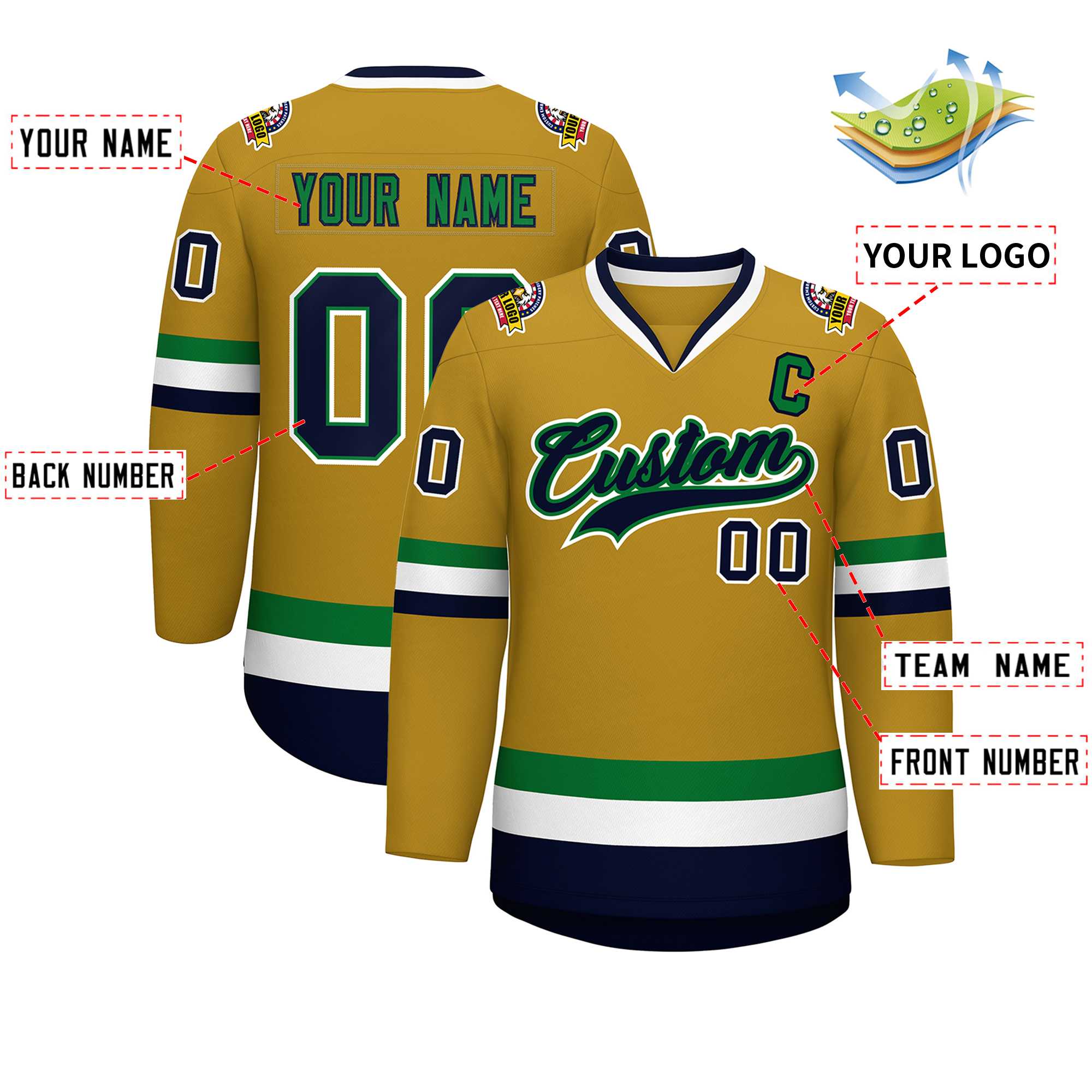 Custom Old Gold Navy Kelly Green-White Classic Style Hockey Jersey