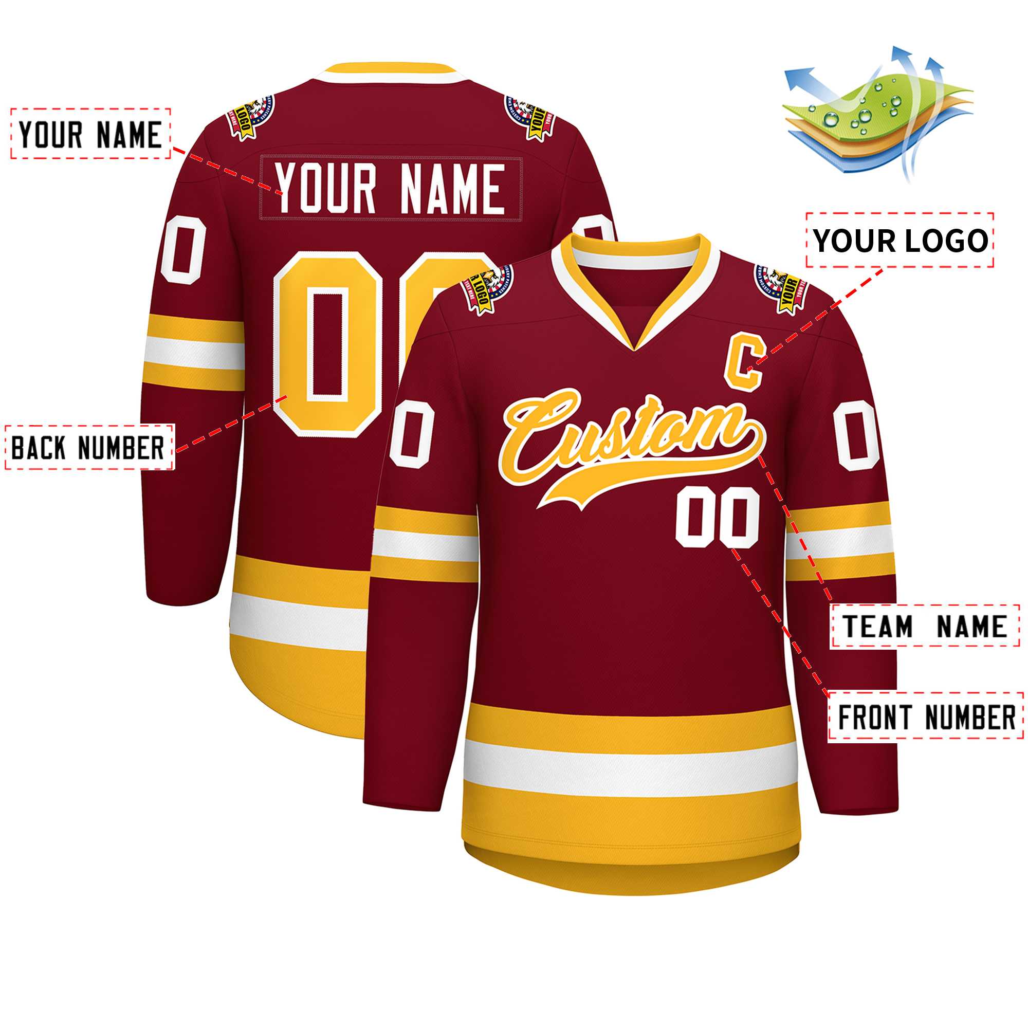 Custom Crimson Gold-White Classic Style Hockey Jersey