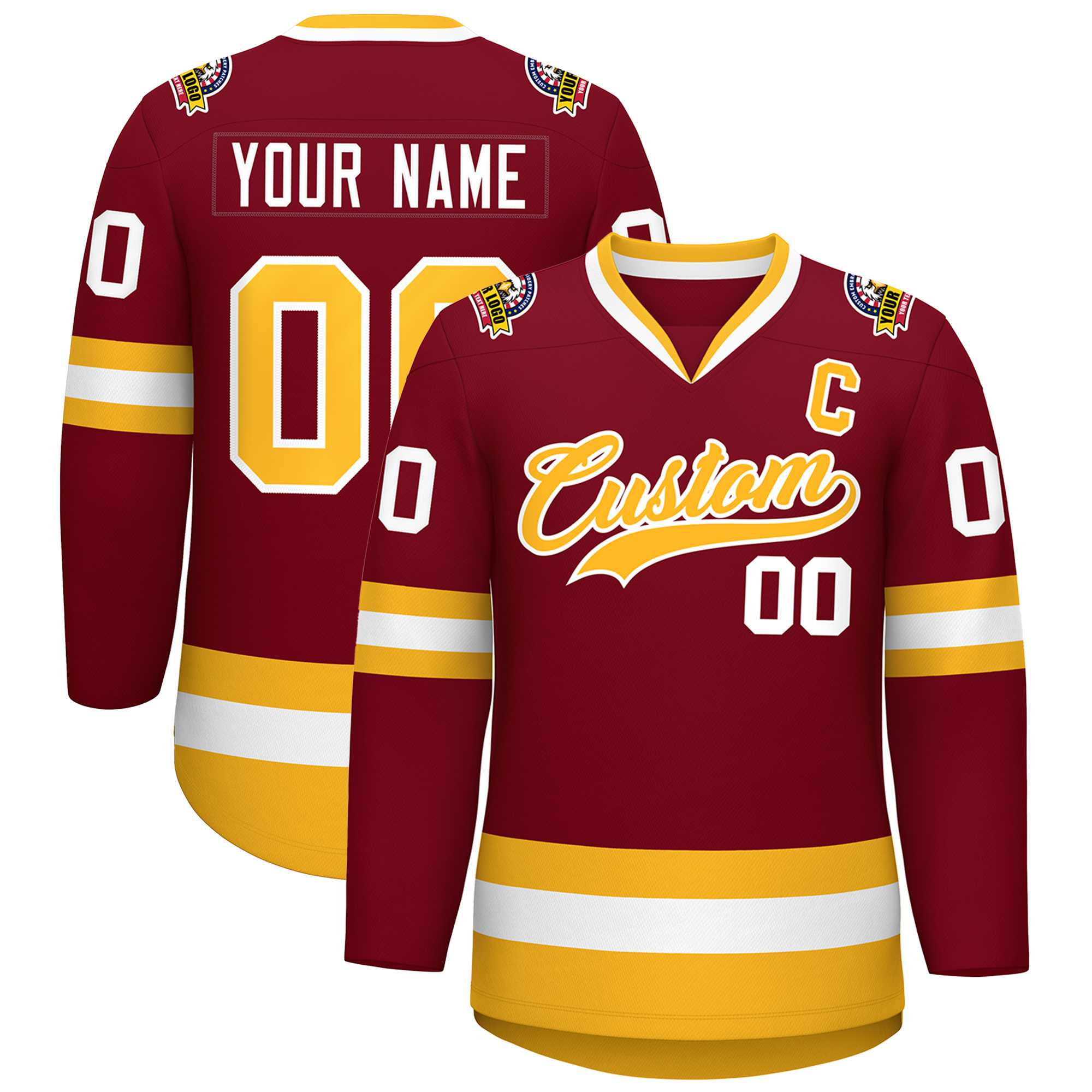 Custom Crimson Gold-White Classic Style Hockey Jersey