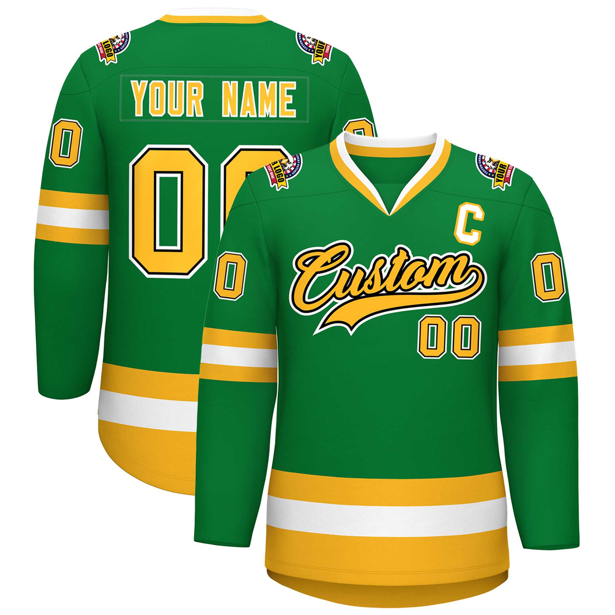 Custom Kelly Green Gold Black-White Classic Style Hockey Jersey