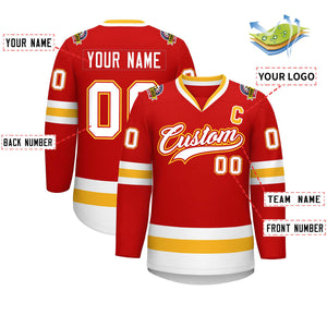 Custom Red White Red-Gold Classic Style Hockey Jersey