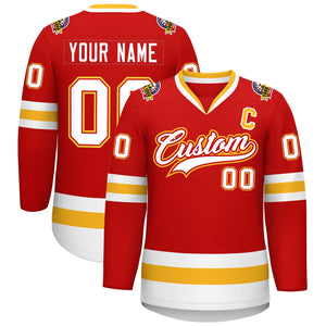 Custom Red White Red-Gold Classic Style Hockey Jersey