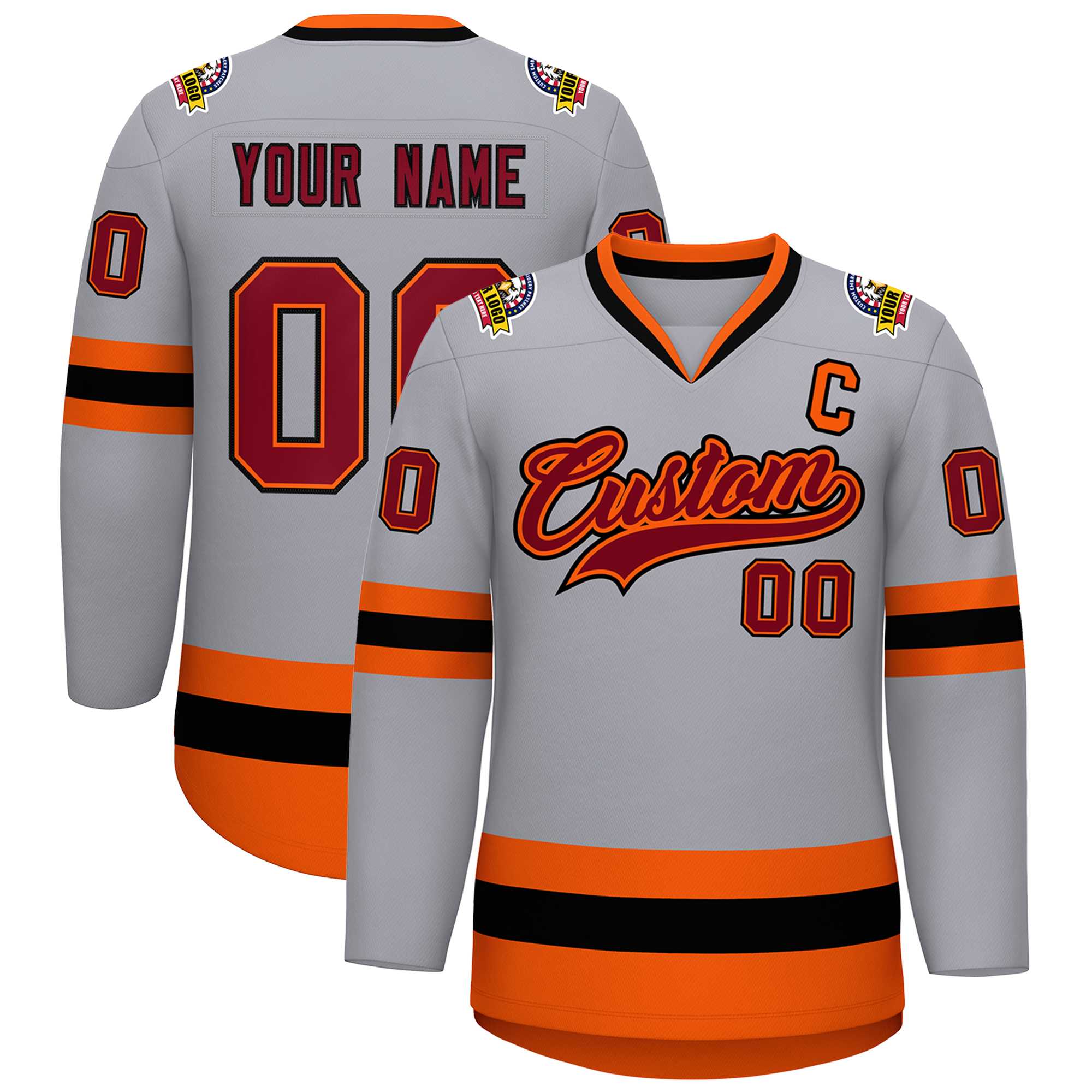 Maillot de hockey de style classique gris cramoisi orange-noir personnalisé