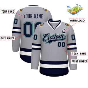 Custom Gray Navy Gray-Aqua Classic Style Hockey Jersey