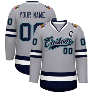 Custom Gray Navy Gray-Aqua Classic Style Hockey Jersey