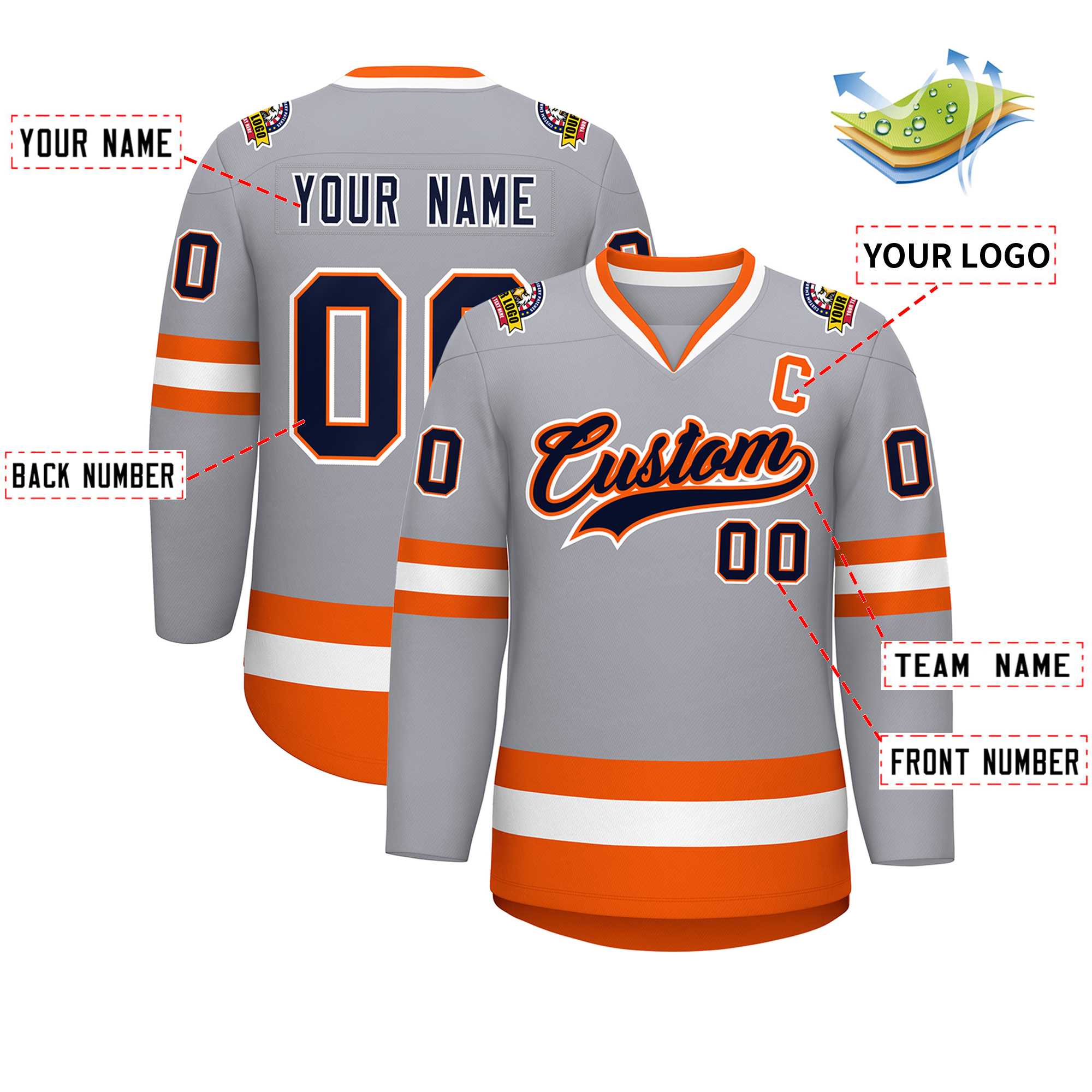 Maillot de hockey de style classique personnalisé gris marine orange-blanc