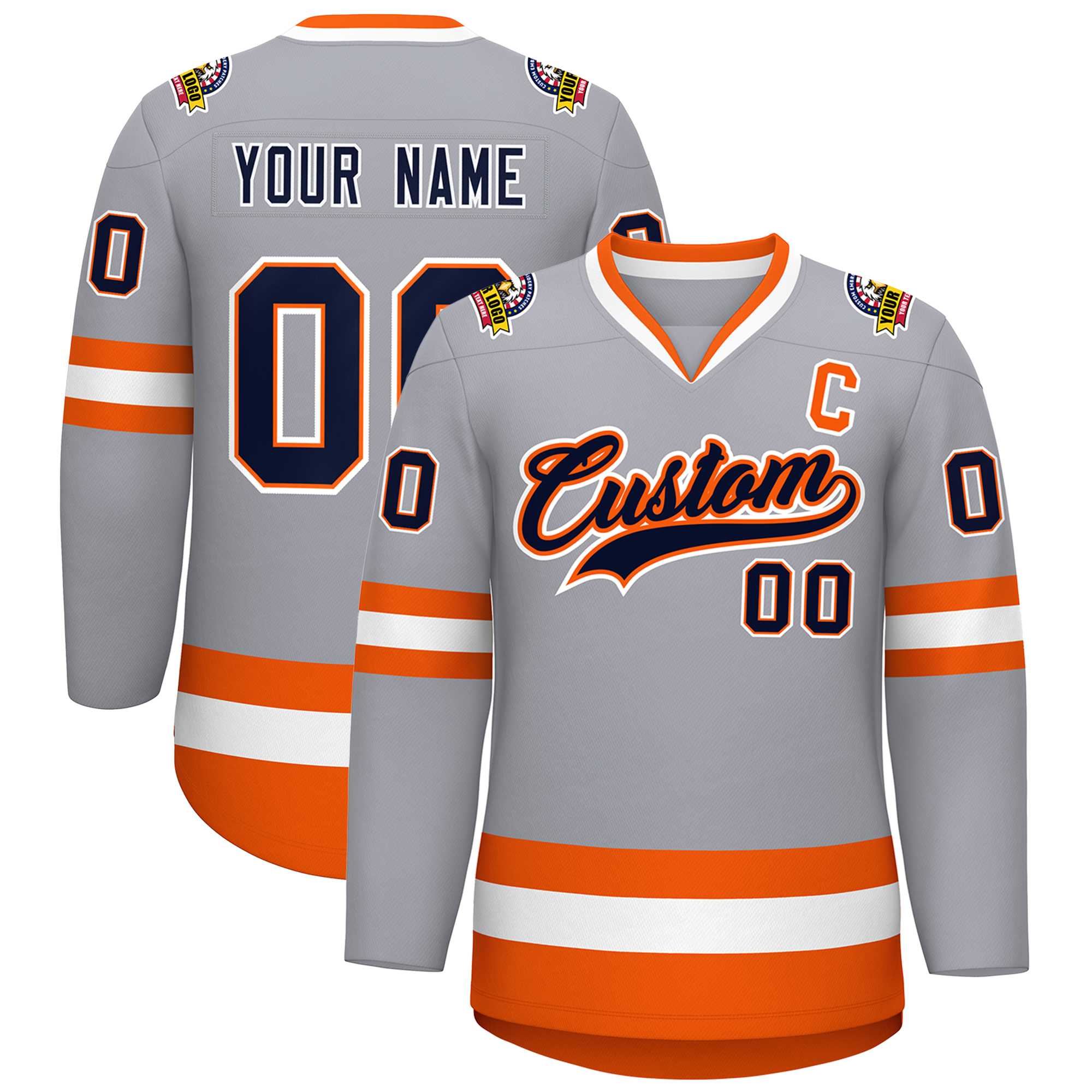 Maillot de hockey de style classique personnalisé gris marine orange-blanc