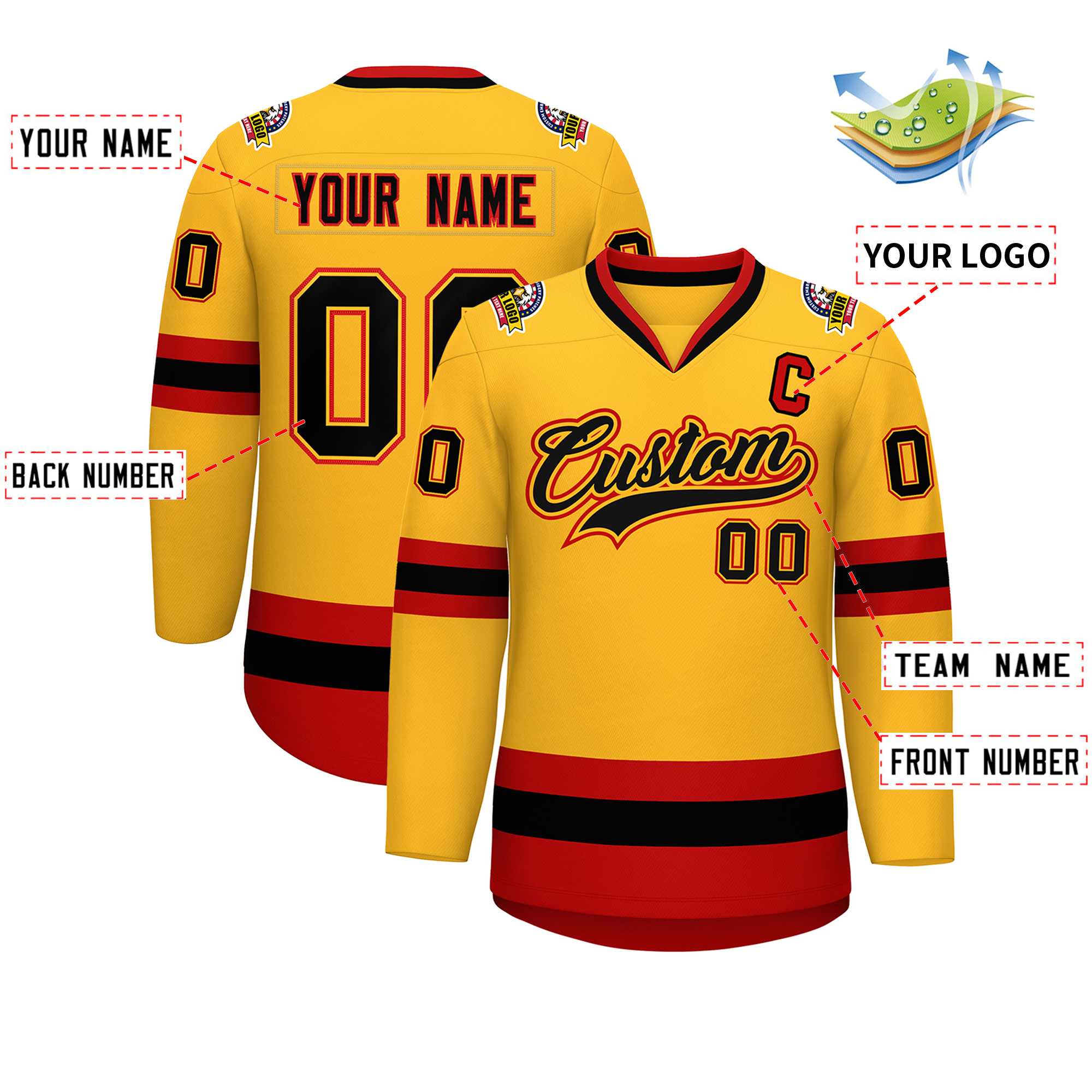 Custom Gold Black Gold-Red Classic Style Hockey Jersey