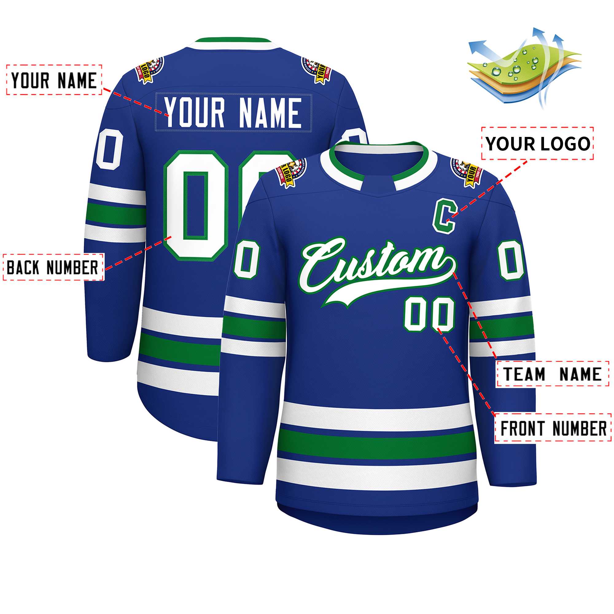 Custom Royal White-Kelly Green Classic Style Hockey Jersey