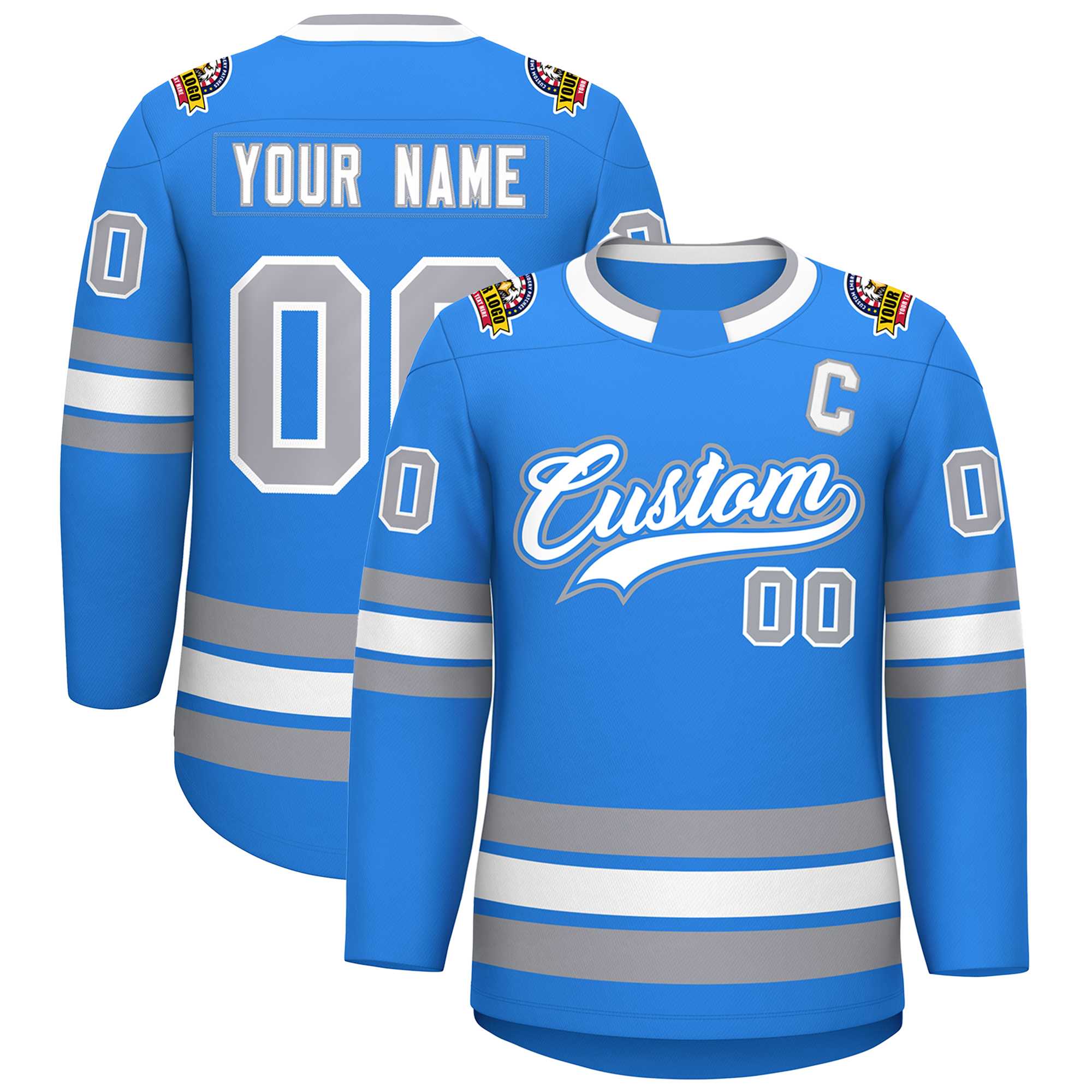 Custom Powder Blue White Powder Blue-Gray Classic Style Hockey Jersey