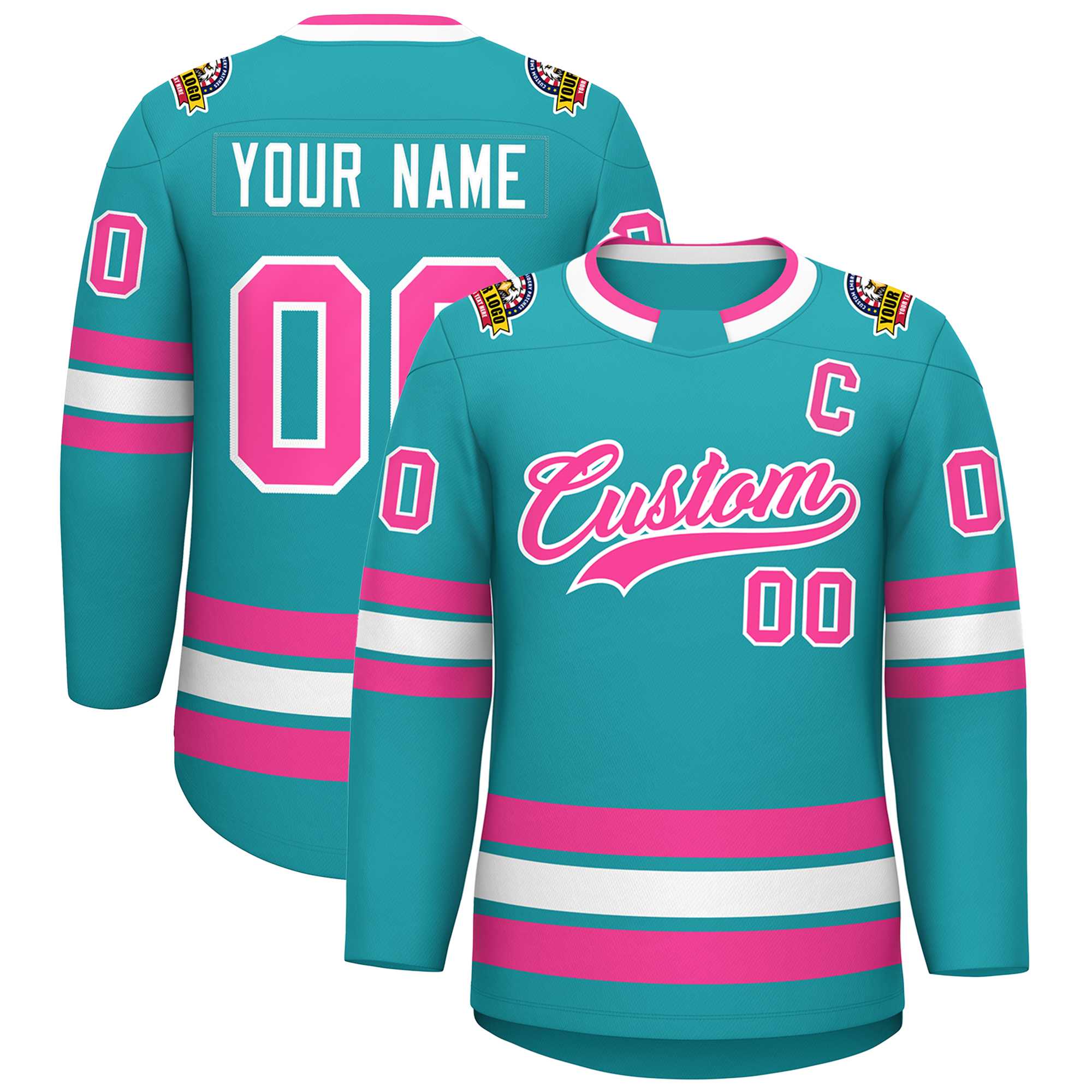 Maillot de hockey de style classique Aqua rose-blanc personnalisé