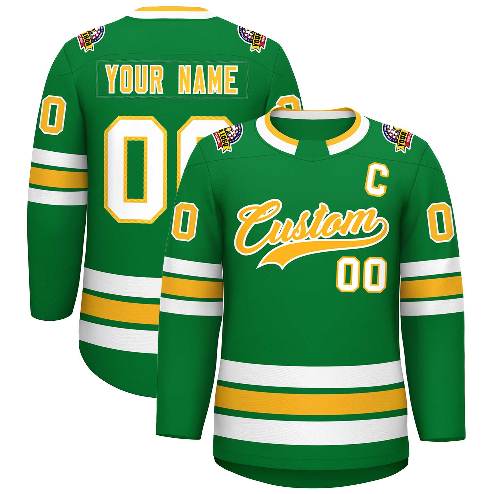 Custom Kelly Green Gold-White Classic Style Hockey Jersey