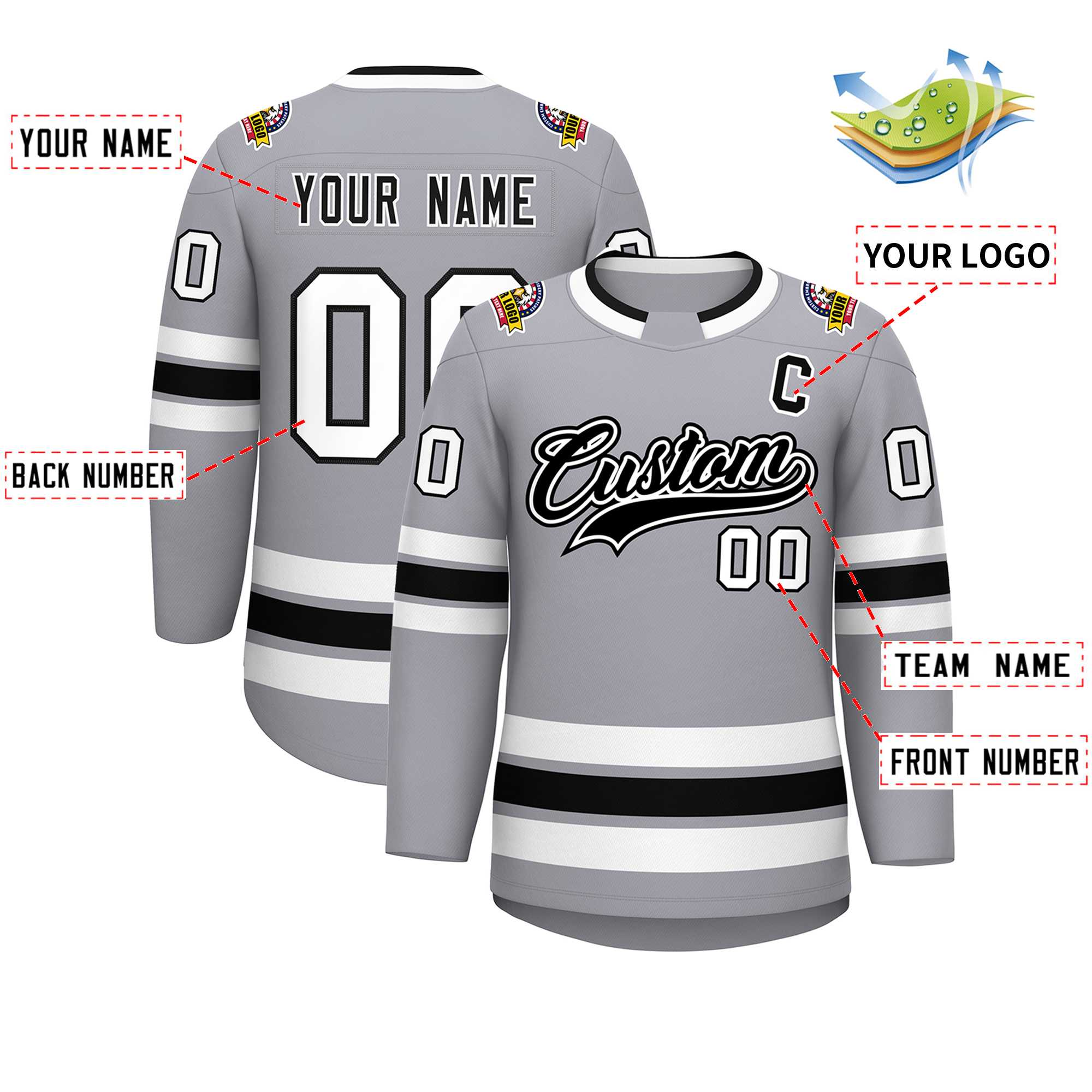 Maillot de hockey de style classique personnalisé gris noir blanc-noir